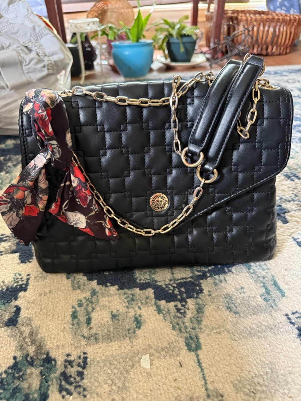 Anne Klein Classic Quilted Black Chain-Handle Shoulder Bag with Floral Accent